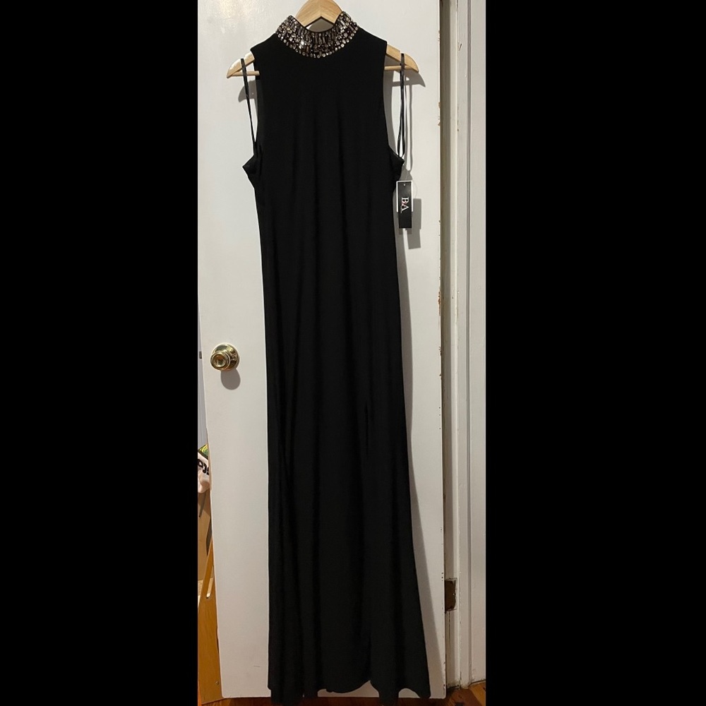 Long Elegant Black Dress with open leg, turtle neck with plastic jewels